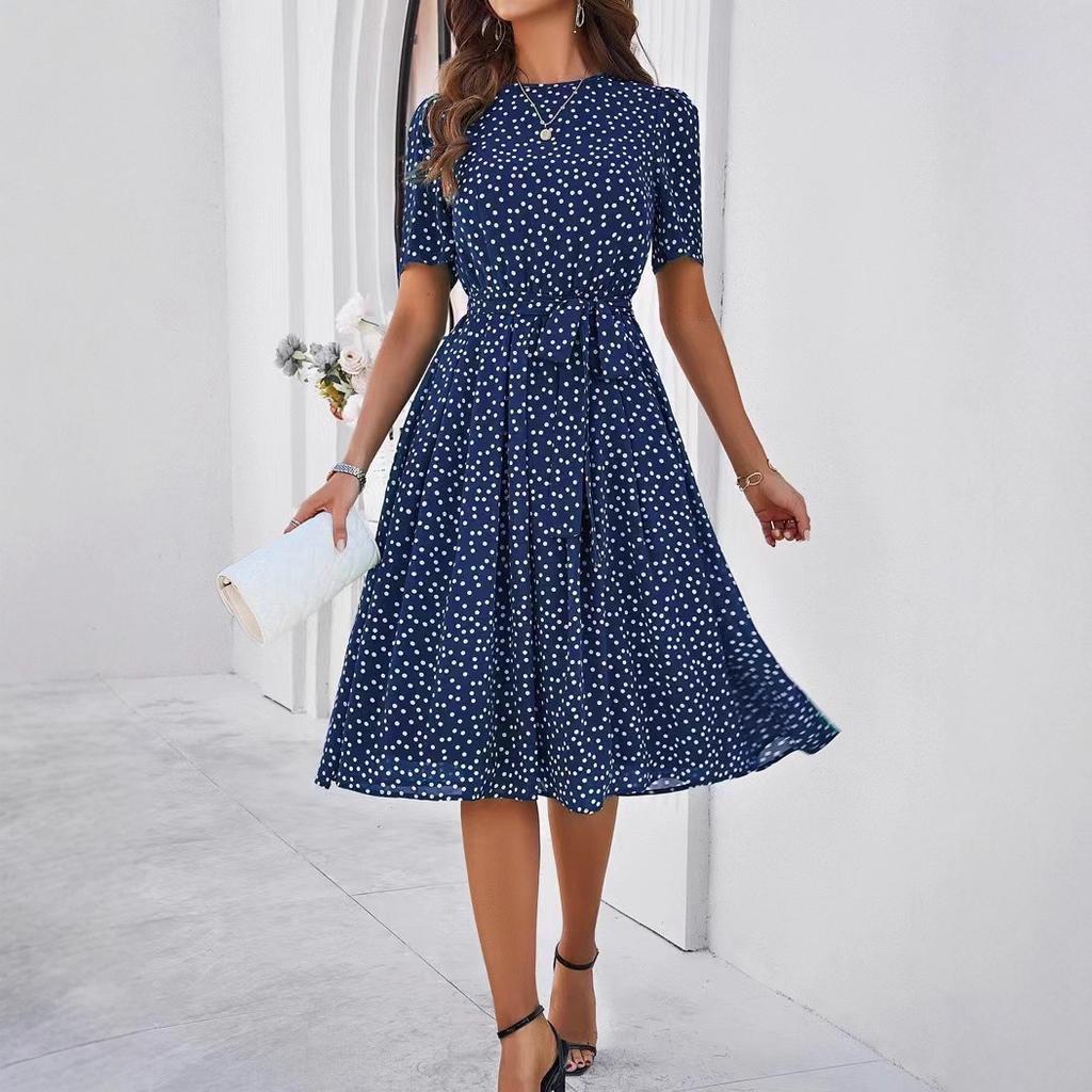 Women's Spring and Summer Temperament Casual Polka Dot Lace-up Print Dress