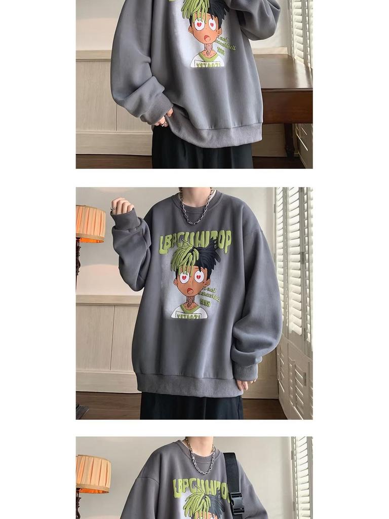 Men's American Cartoon Hip Hop Plus Velvet Thickened Hoodie - Round Neck Autumn Winter Outerwear