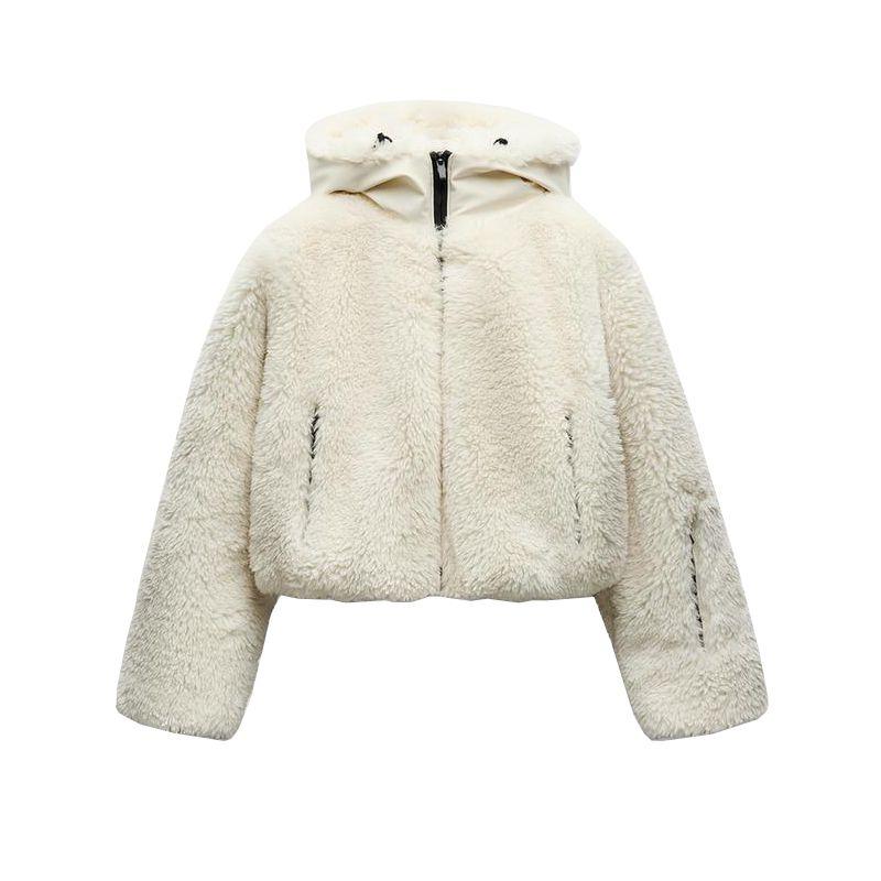 

Fall and Winter New Women s Clothing Fashion Style Hooded Long Sleeves Fleece Skiing Series Jacket Outwear 8073075 raw white L