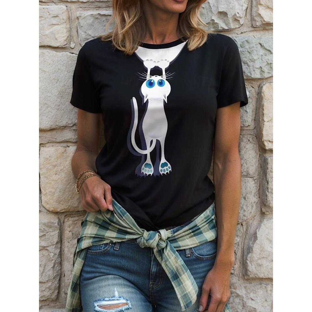 Letní Vzor Zvíře Kočka Potisk Móda Klasický Krátký Rukáv Kulatý Výstřih Top Oversized Dámské Oblečení