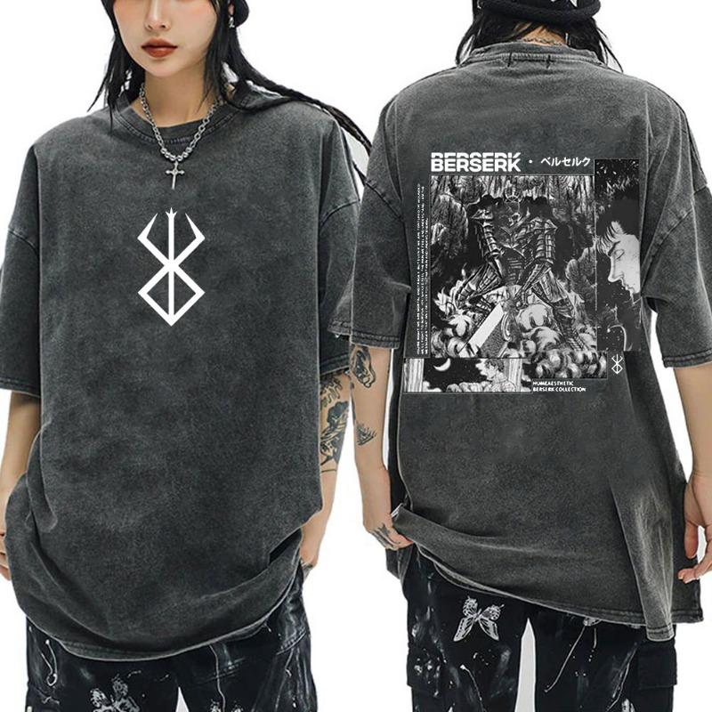 Anime Berserk Guts Vintage Washed T Shirt Manga Gatsu Griffith Zodd T-shirts Women Clothing Cotton Casual Oversized T-Shirt