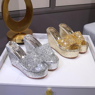 High Heels 11cm Women's Shoes with Sloping Heel Thick Sole Cool Slippers Women's Sequins Shiny High Heels Rhinestone Home Women's Shoes