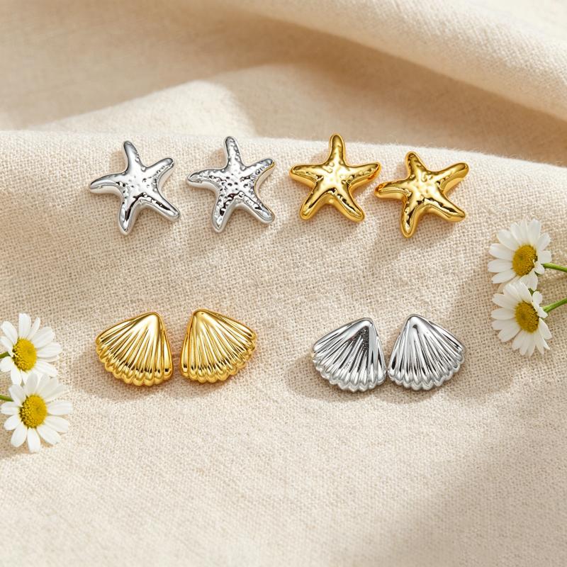 4Pairs/Set Starfish Shell Stud Earrings for Women Gold Silver Color Ocean Beach Earrings Fashion Jewelry