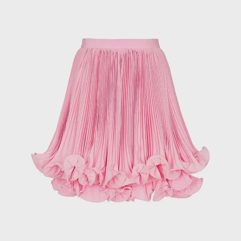 

2025 European & American Double Layer Hem Pleated Mini Skirt L рожевий