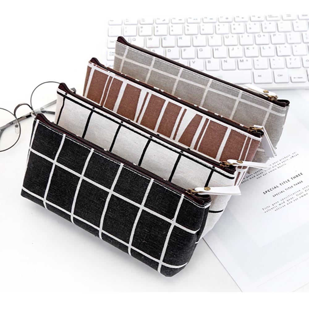 1PCS Students School Plaid Canvas Pencil Case Pencil Pen Case Cosmetic Makeup Bag Storage Pouch Purse