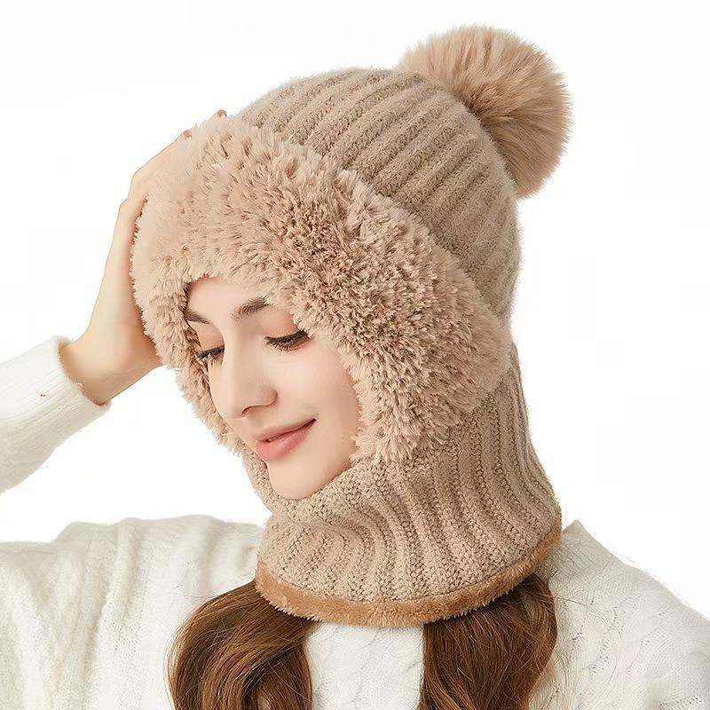 Knitted hat scarf mask integrated hat women's winter cycling windproof plush warm wool hat