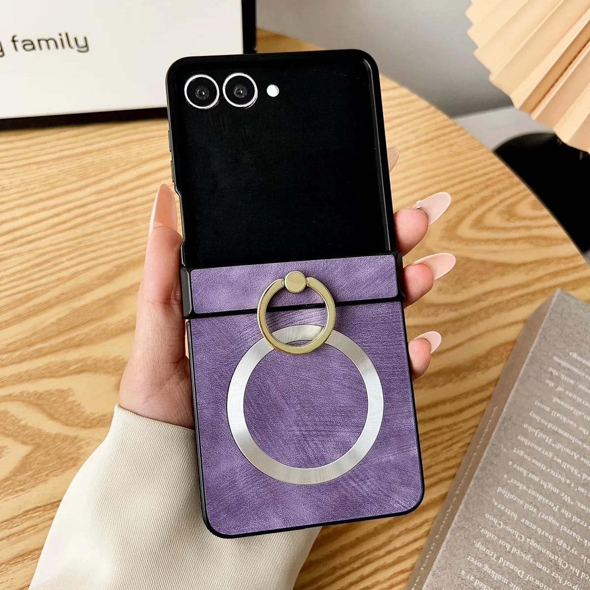 

Luxury Business Sle Leather Metal Finger Ring Holder for Magsafe Magnetic Phone Case for Samsung Z Flip 7 6 5 4 3 Protect Cover Galaxy Z Flip4 фіолетовий