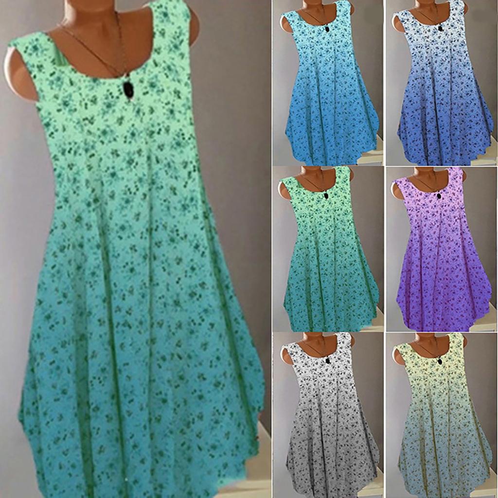 Women's Casual Loose Round Neck Floral Gradient Sleeveless Vest Dress