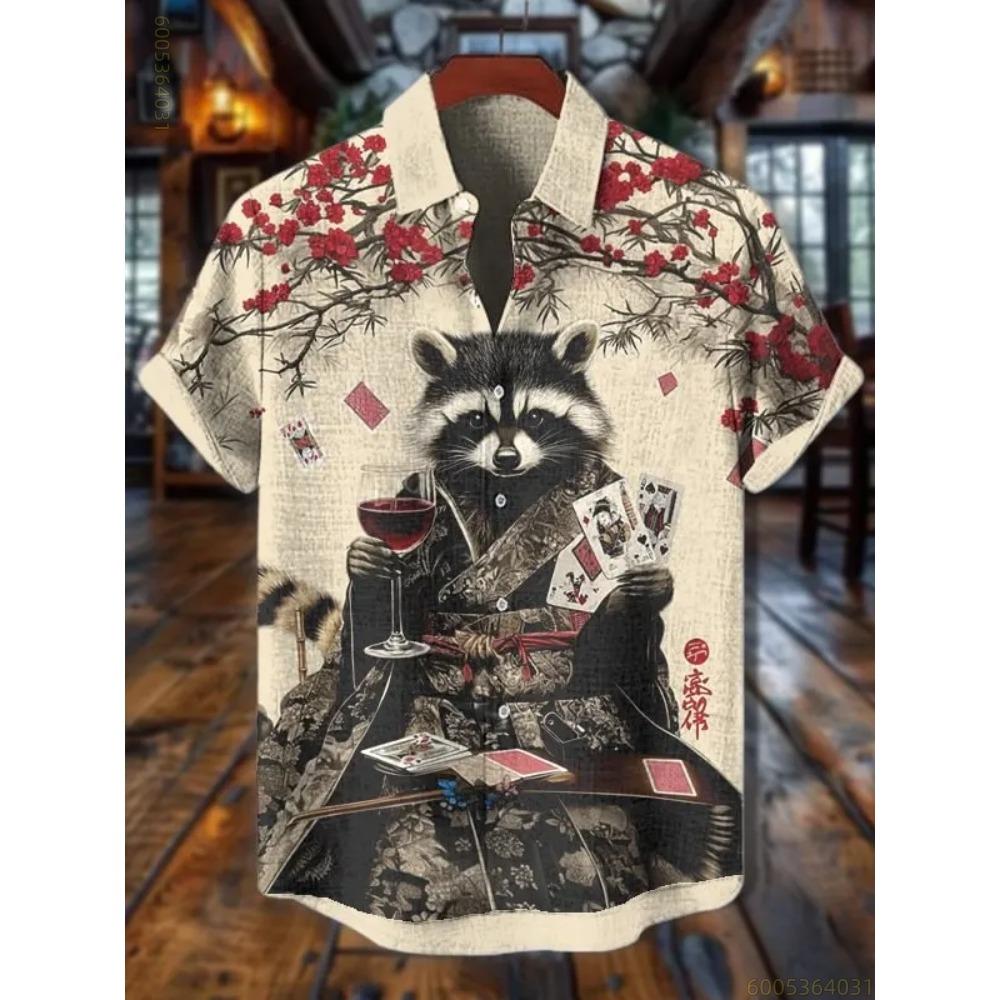 Men's Short-sleeved Shirt with Black Cat Riding a Shark Print, Hawaiian Style, Suitable for Outings, Parties, and Casual Wear.