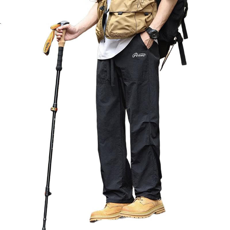 POUM Men's Quick-Dry Hiking Pants, Spring And Summer Style, American Trendy Ice Silk Sports Cargo Pants YM16 Black L