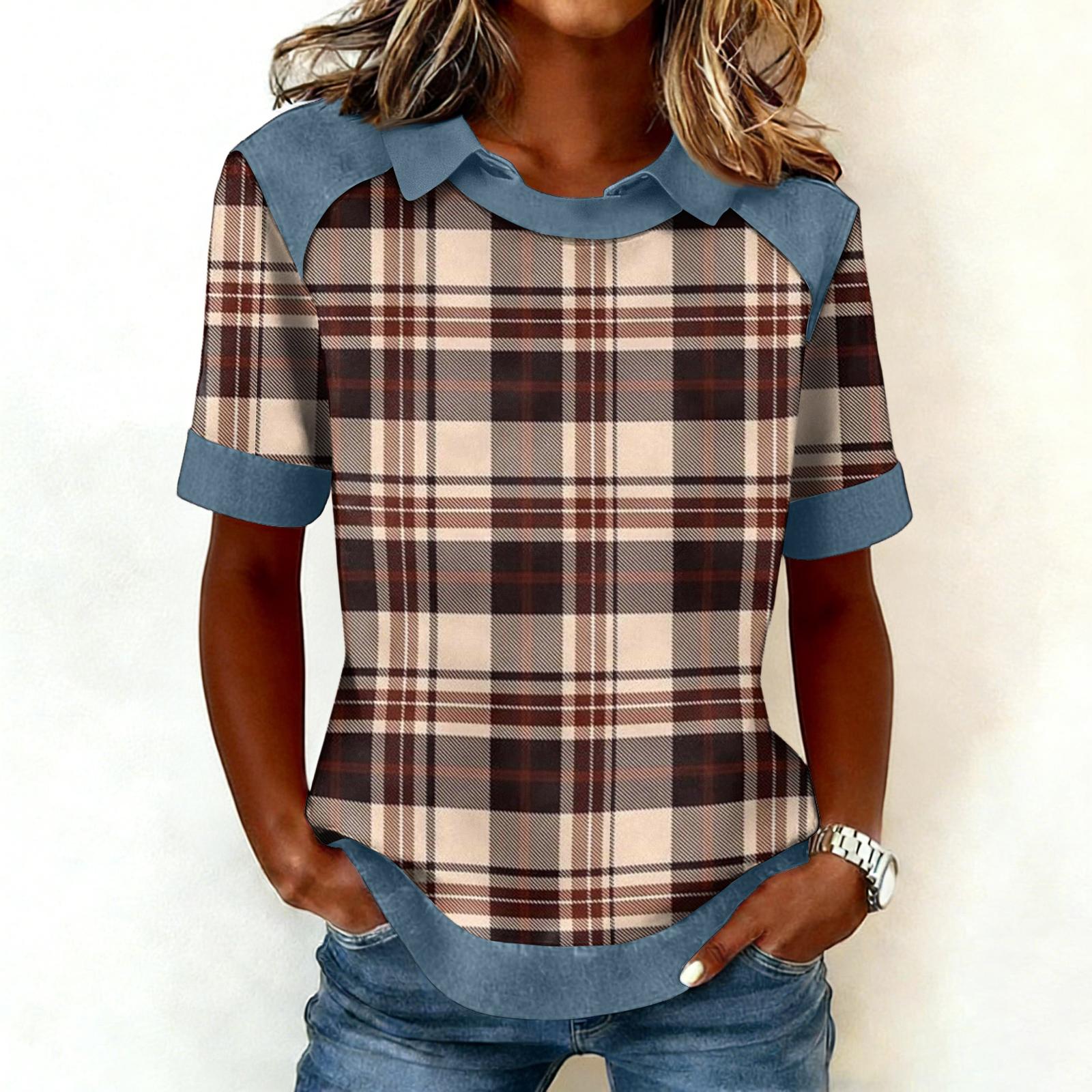 

Женская модная ковбойская толстовка с воротником и вставками, повседневная толстовка с принтом, рубашка с коротким рукавом, топ L синий