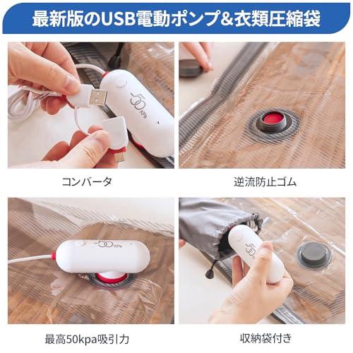 Vacbird Travel Compression Bags, 8-Pack, with USB Electric Pump, 40*40 X 3 / 40*50 X 3 / 40*60 X 2, Vacuum Clothes Storage Bags with USB Pump, Suction
