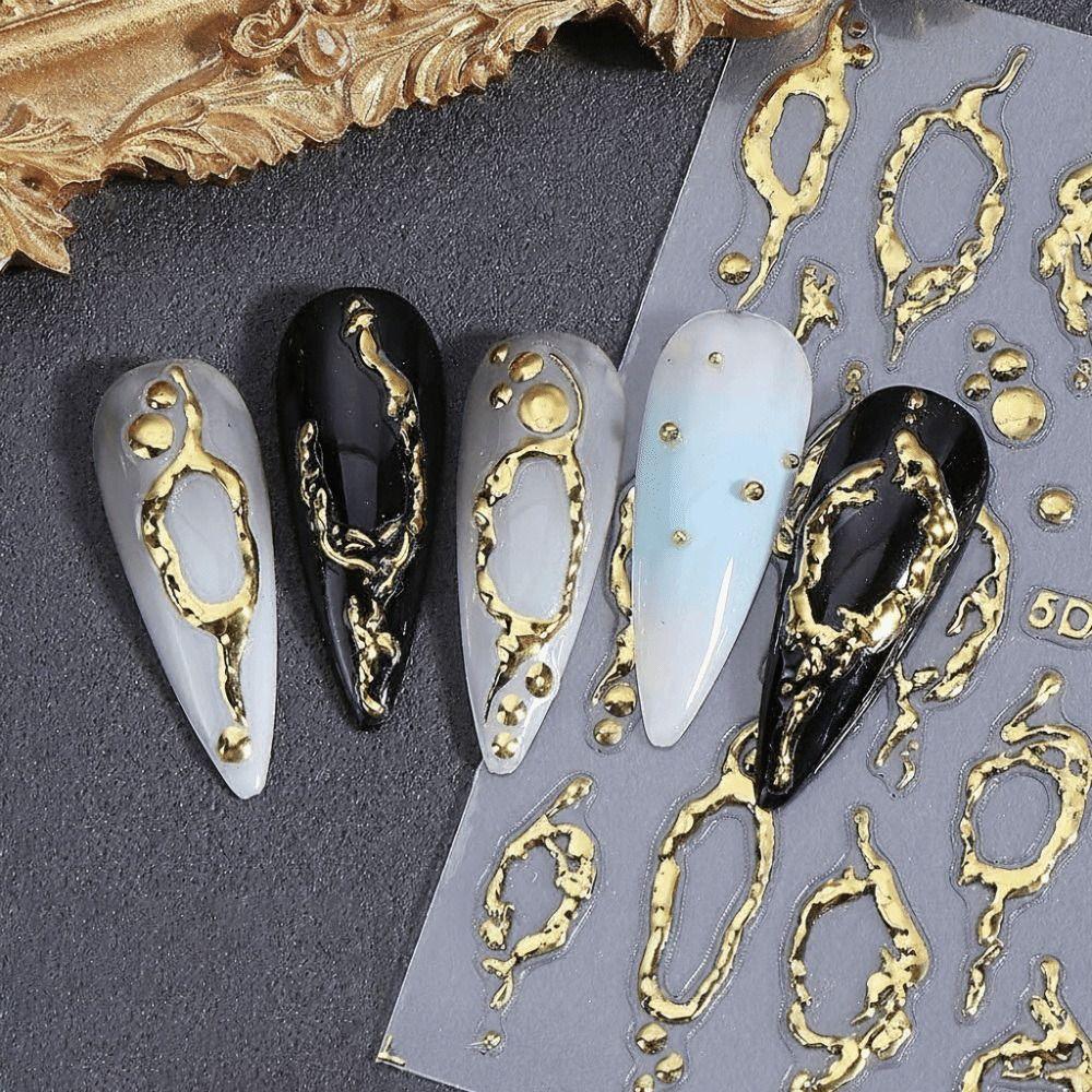 Self-Adhesive 5D Nail Stickers 5D Embossed Gold Silver Nail Art Stickers Adhesive Backing Embossed Design Nail Stickers