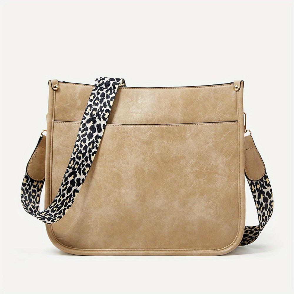 Bolso Bandolera de Cuero PU de Color Sólido Vintage Gran Capacidad Bolso de Hombro con Estampado de Leopardo Simple Bolso Tote de Moda Multifuncional