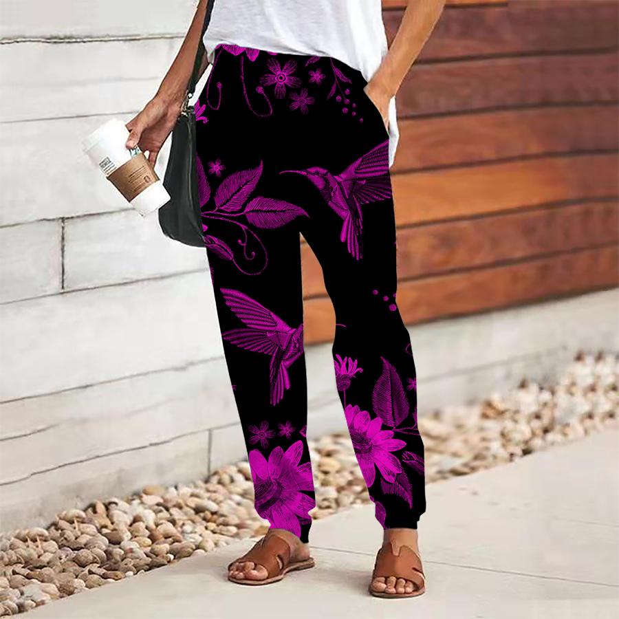 Women Bird Printing Pants Lace Up Elastic Waist Loose  Trousers Casual Long Pants Trousers with Pockets