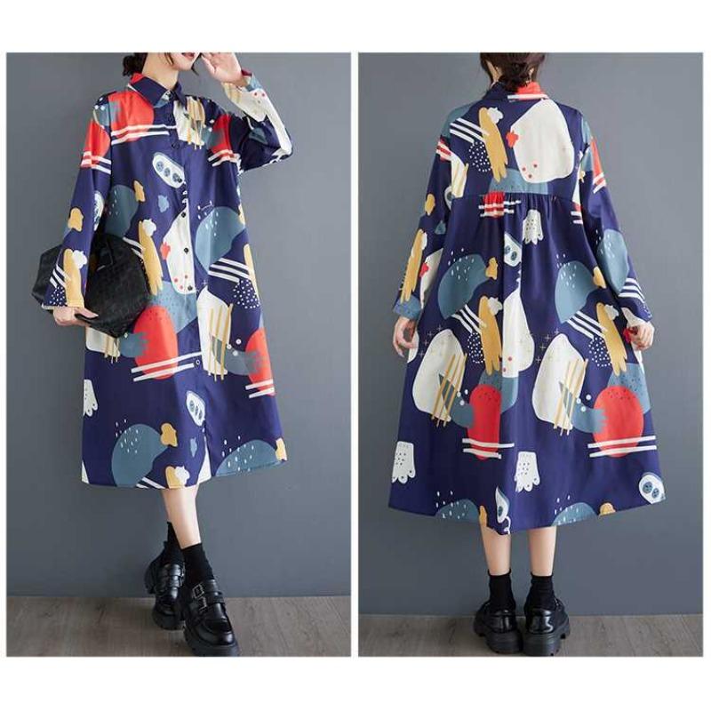 Loose Large Size Oceanic Printed Mid-Length Literary Vintage Dresses