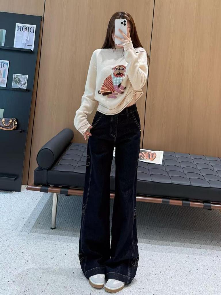 Women's Dark Blue Patchwork Embroidered Wide-Leg Jeans - Versatile, Slimming, Temperament Style.