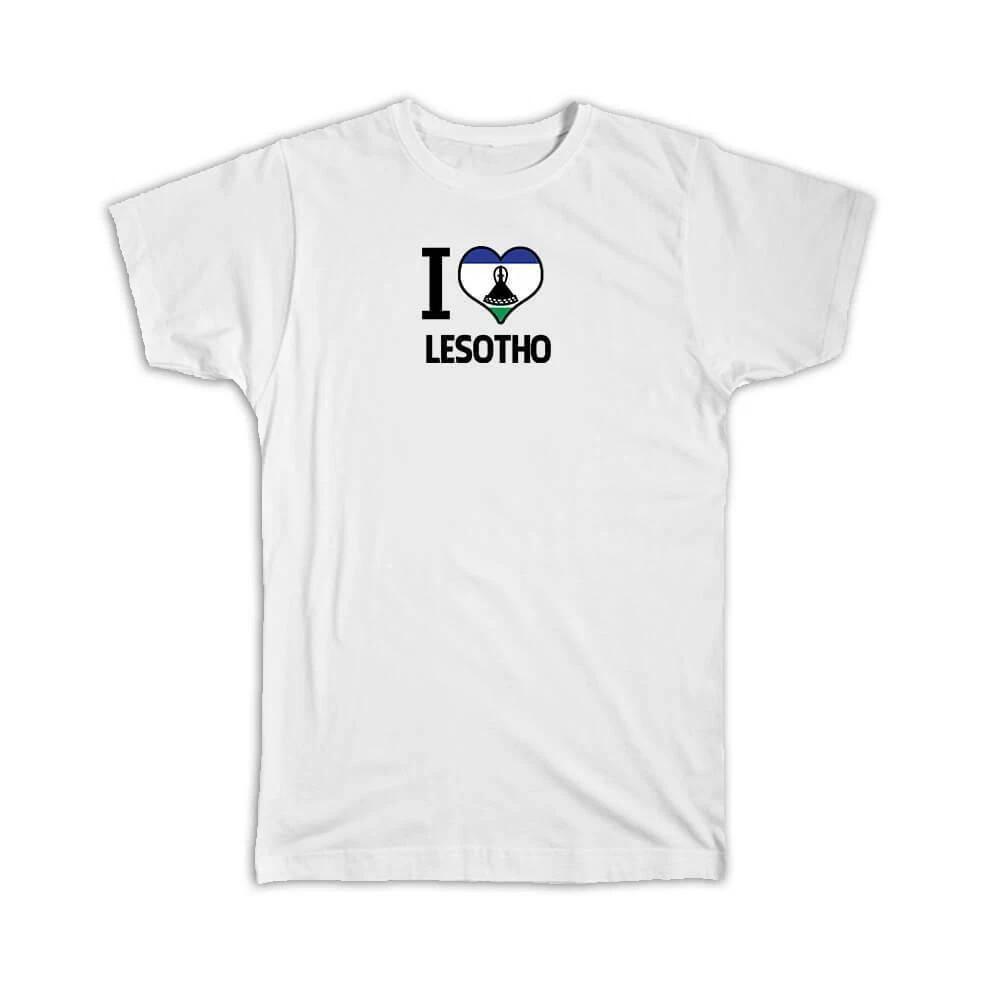 Gift T-Shirt : I Love Lesotho Flag Heart Country Crest Expat 2XL