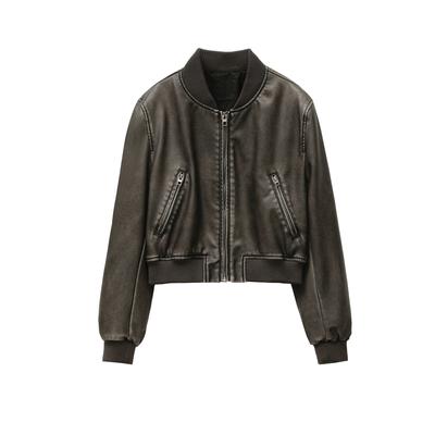 Damen 2023 Neue Vintage Kunstleder Bomberjacke Mantel Oberteil Damenstil