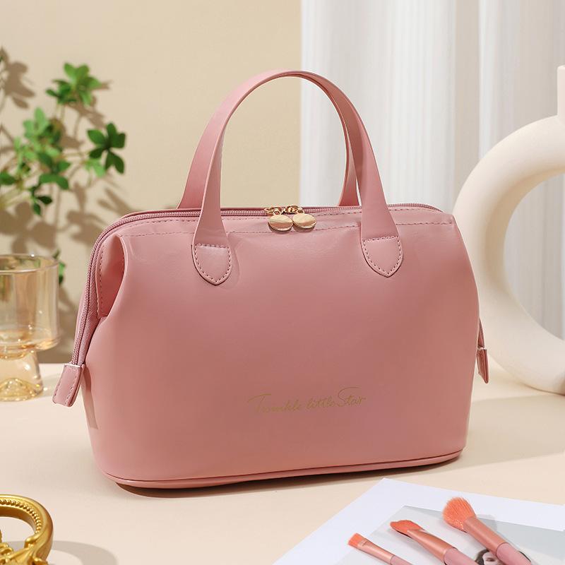 French Style Portable Storage Bag Large Size Makeup PU Leather Capacity розовый