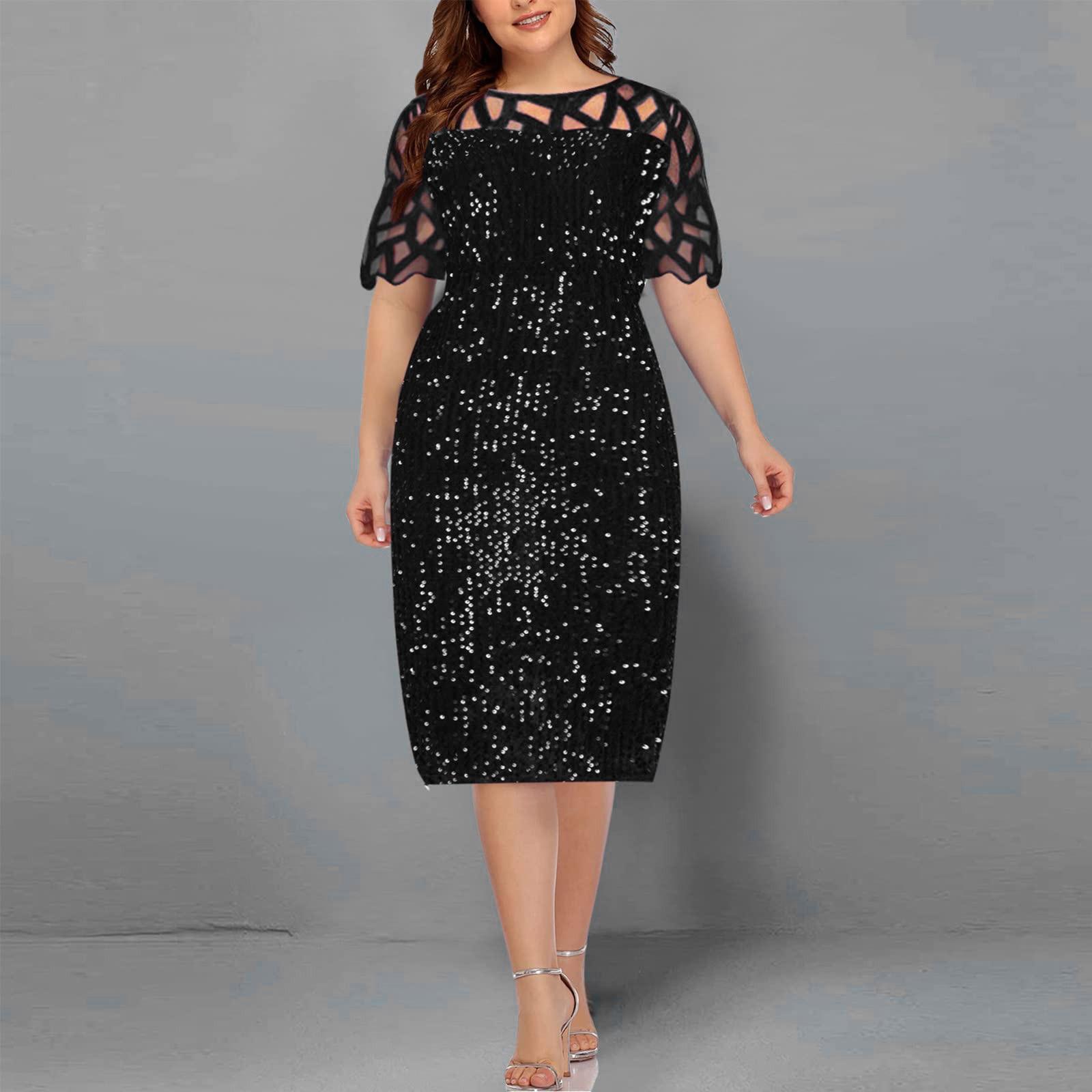 

(Куниде) Коктейльные платья больших размеров для женщин, модное платье с короткими рукавами с блестками и блестками, эластичные платья и расклешенные платья XXL серебряный