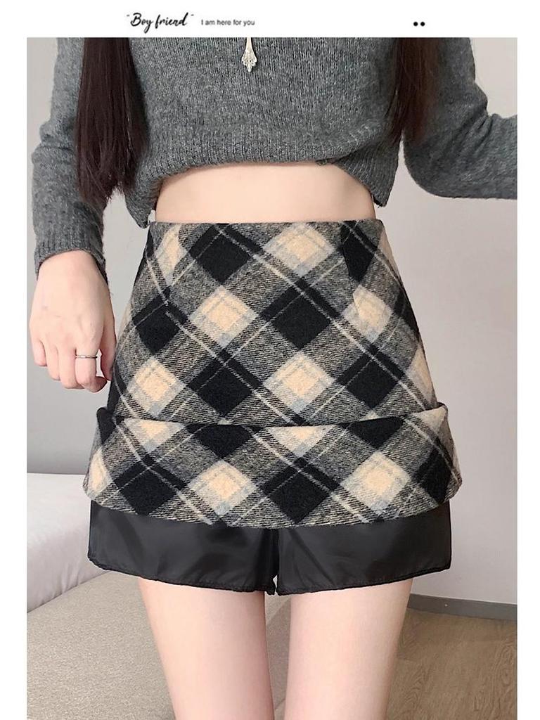 Women's High Waist Red Wool Plaid Skirt, 2025 A-line Slim Fit for Autumn/Winter