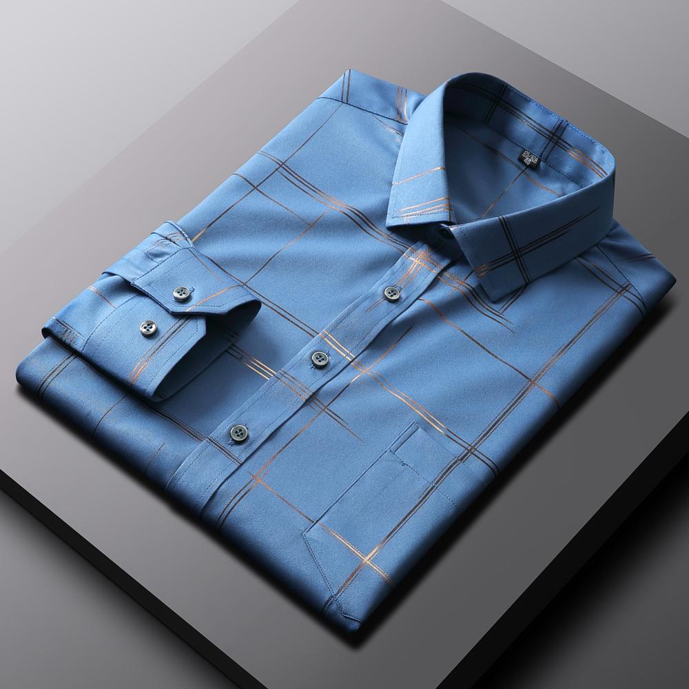 Old Money Style Sleek Stretch Wrinkle-Free Clothes for Man Long Sleeve Striped Printed Lightweight Dress Shirt with Pocket
