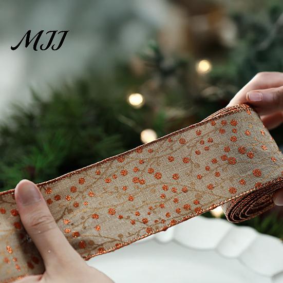 Holiday Theme Fabric Ribbon Christmas Red Berry Ribbon, 2.2 Yards Imitation Linen 2.5 Inch Wide Wired Edge for Bows Gift Box Packaging DIY Wreath Tree