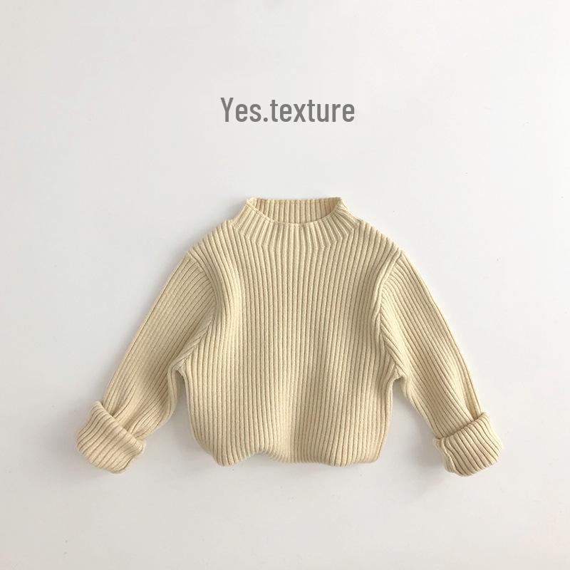 Unisex Earth Tones Ribbed Semi-High Neck Stretch Sweater for Kids – Slim Fit Korean Style Knit T-Shirt