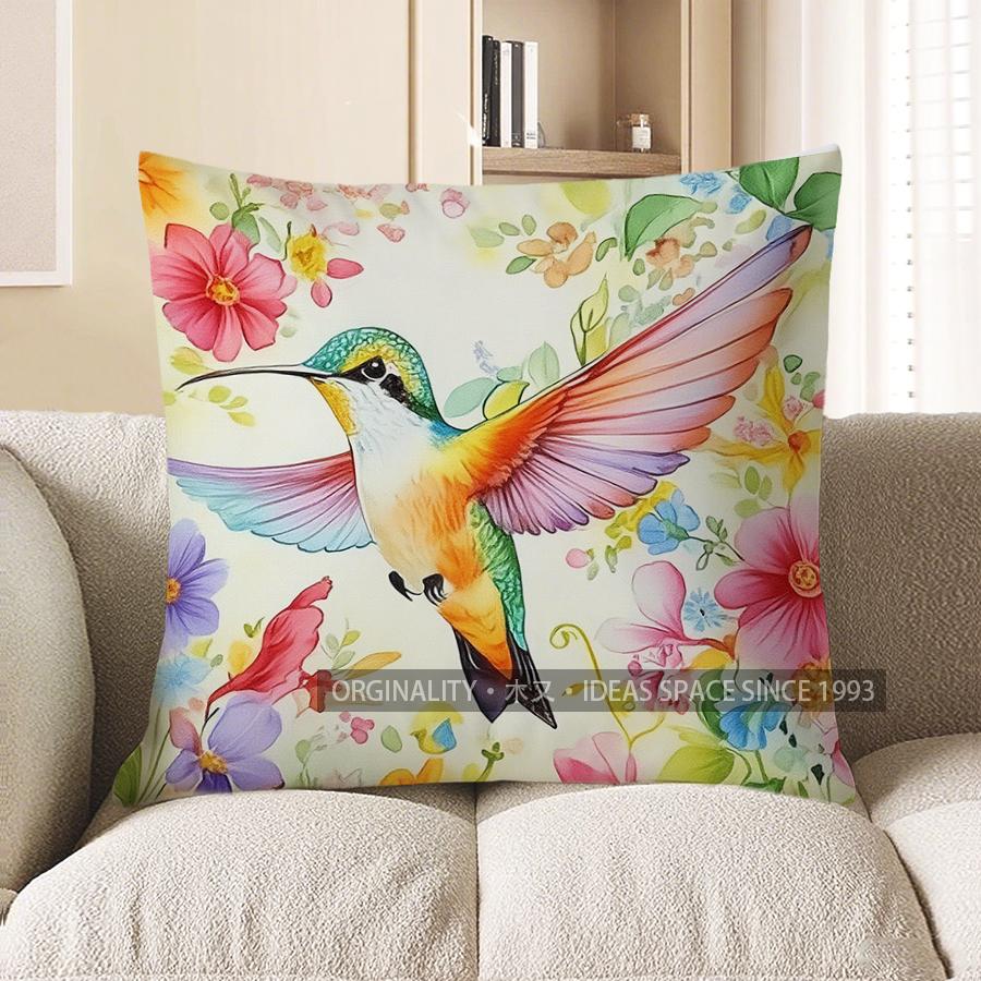 Home Decor Colorful Hummingbird With Flowers And Butterflies Pattern Cushion Cover Suitable For Sofa Bedroom Car Pillow Cover