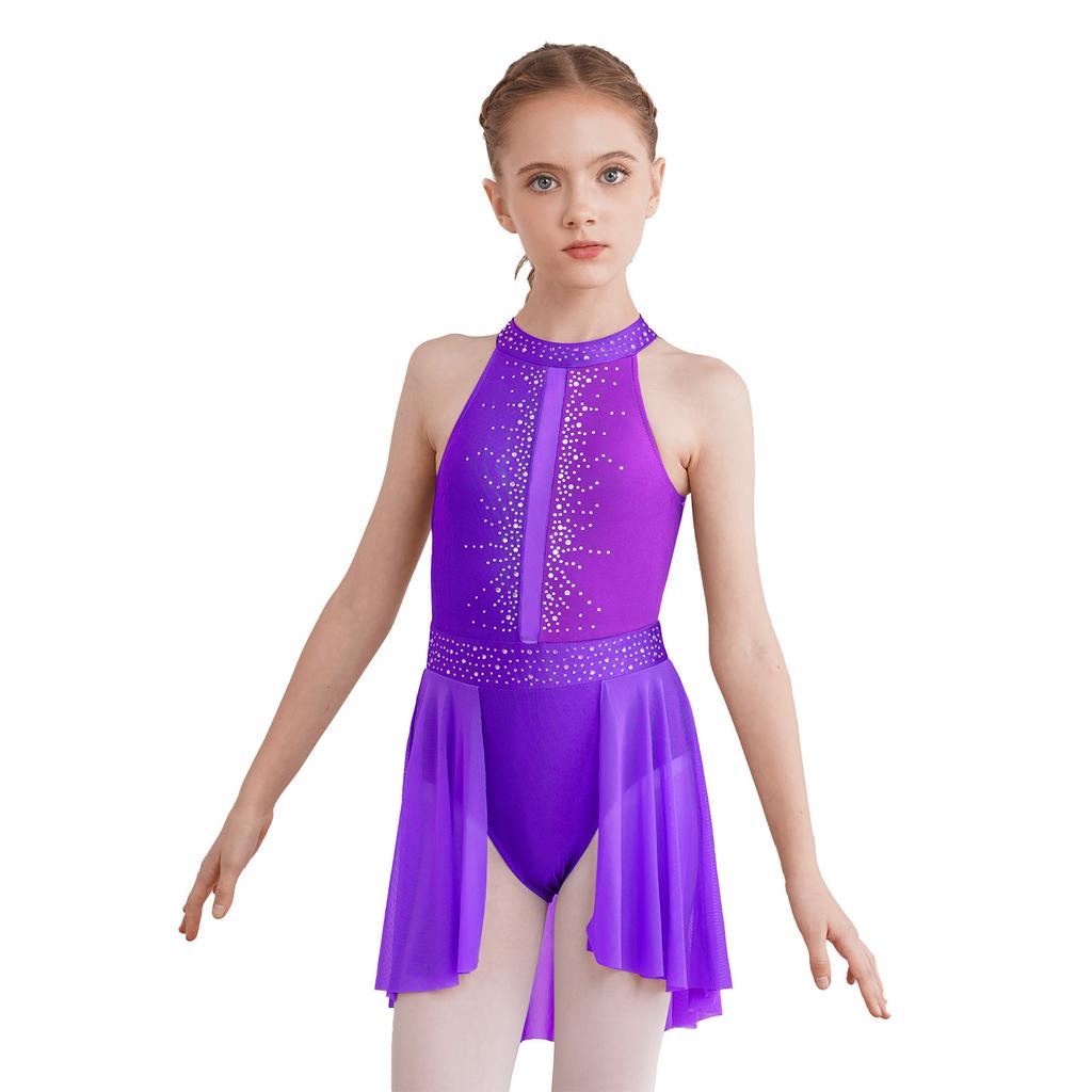 Girls Sleeveless Round Collar Shiny Rhinestone Decorated Backless Lyrical Dance Dress Performance Gown