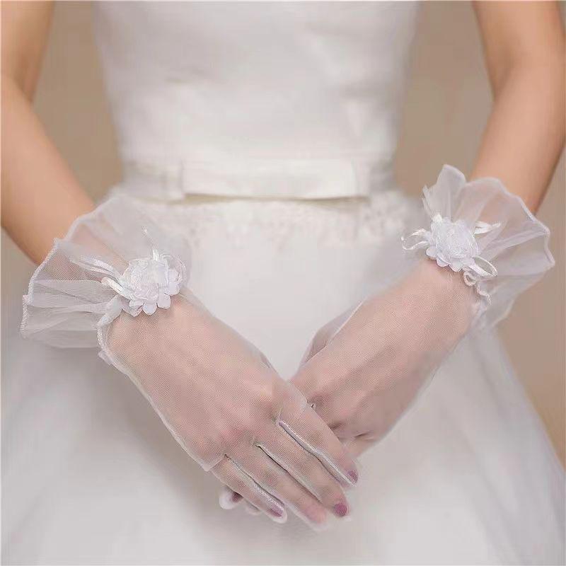 Short Lace Bridal Gloves - White Champagne Butterfly Design, High Elastic Mesh for Weddings & Evenings