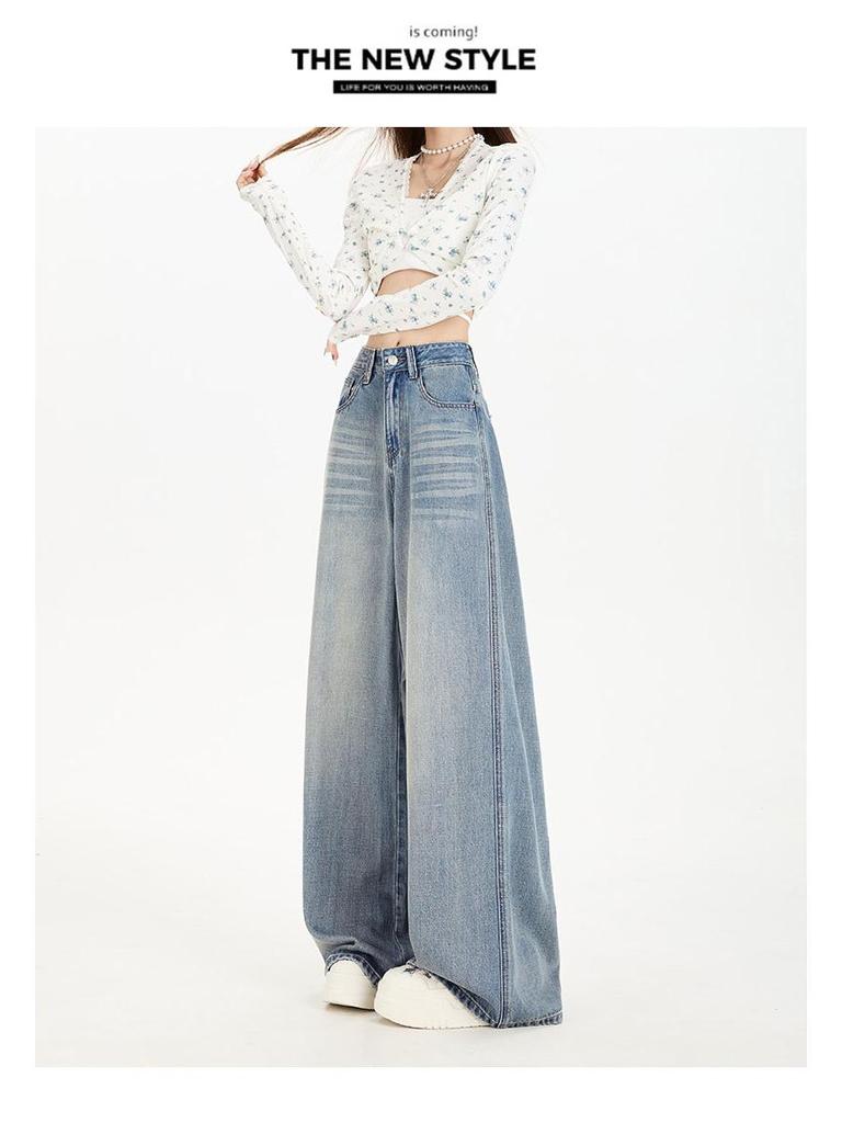 Autumn Women's Wide-Leg Jeans - Wrinkled Cat Whisker Design with Draped Look