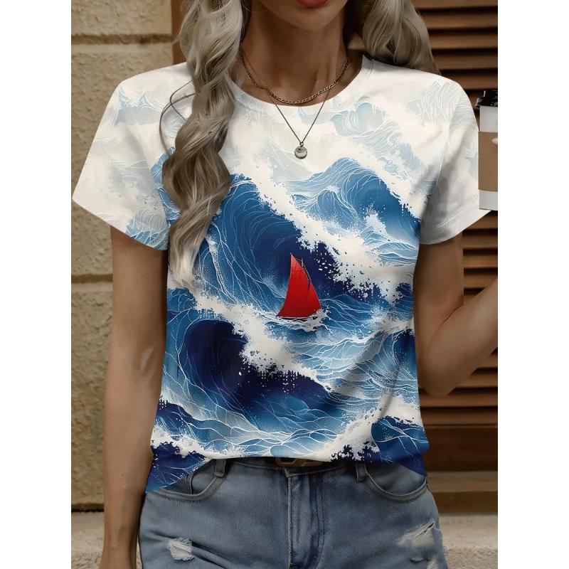Fashion Women's Crew Neck Short Sleeve 3D Casual Color Printing Casual Short Sleeve Crew Neck T-Shirt
