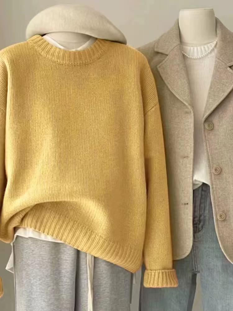 Women's Heavyweight Wool Cashmere Sweater - Round Neck, Thick, Loose Fit, Autumn/Winter Knit Top
