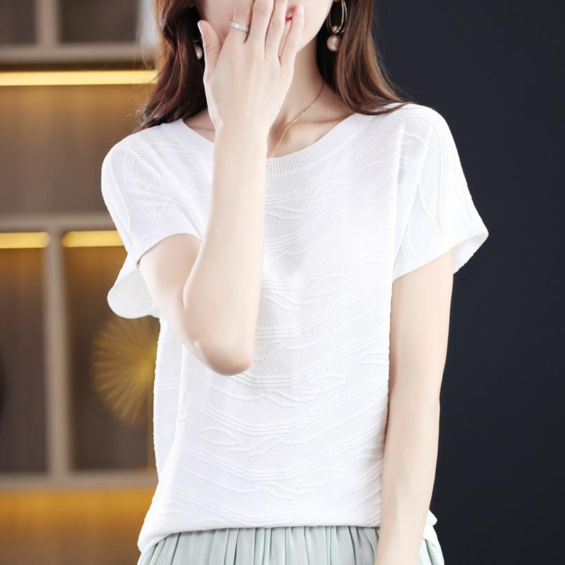 IHUASU Women's Short-sleeved O-neck T-shirt Loose Temperament Commuting Bottoming Spring and Summer Ice Silk Tops