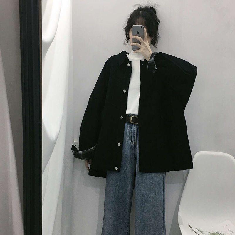

Women s Korean Style Long Sleeve Black Jacket - Loose Fit with Plaid Inner Layer, Trendy Autumn/Winter Student Wear S