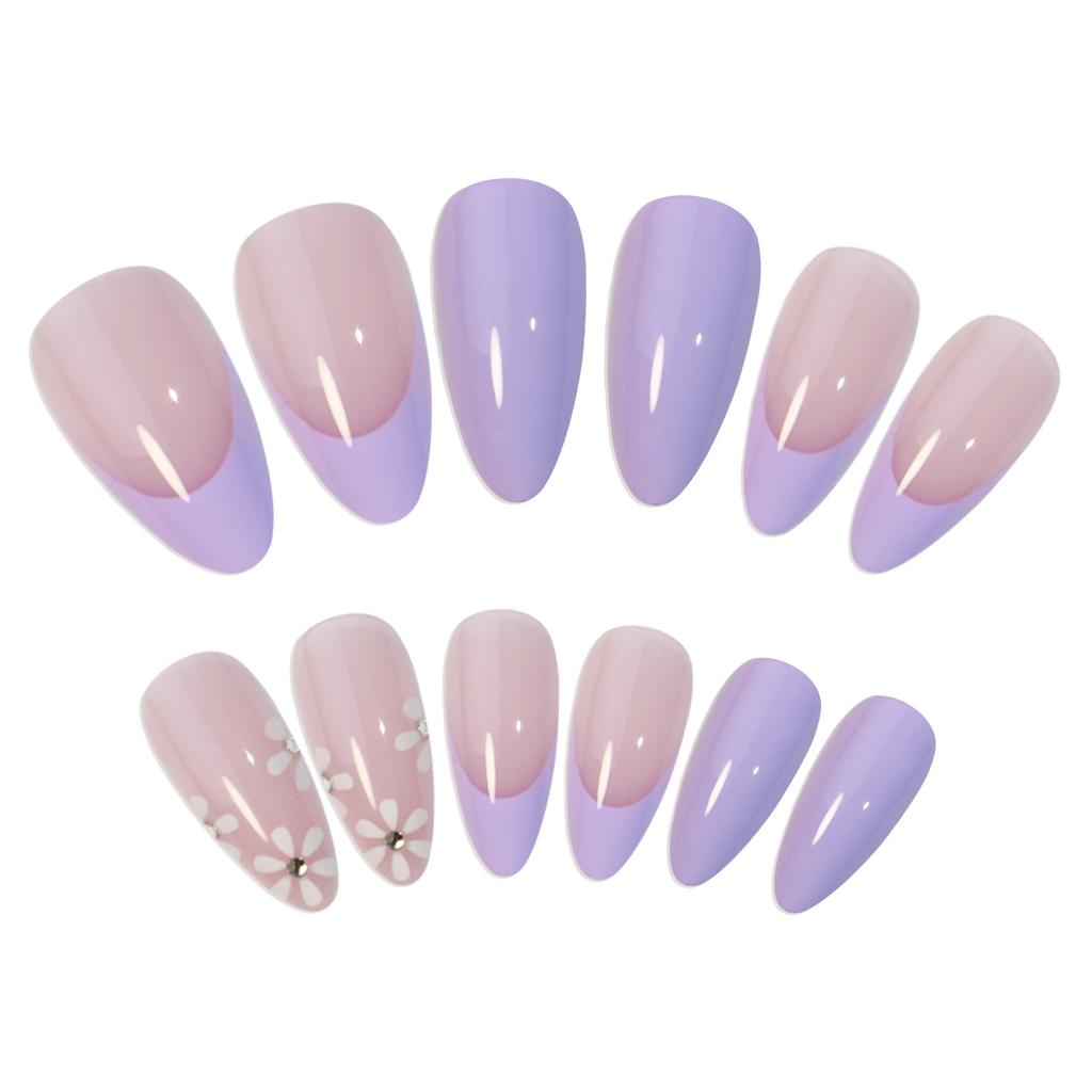 Almond Short Nail Art Wear Nail Purple Flower French Patch Nail Patch False Finger Sticker Extension Nail