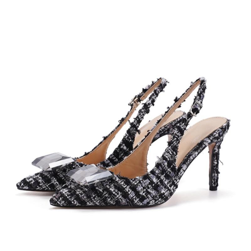 2025 spring new temperament bag head empty sandals pointed head rhinestone stiletto women's shoes woolen surface sheepskin inner spring