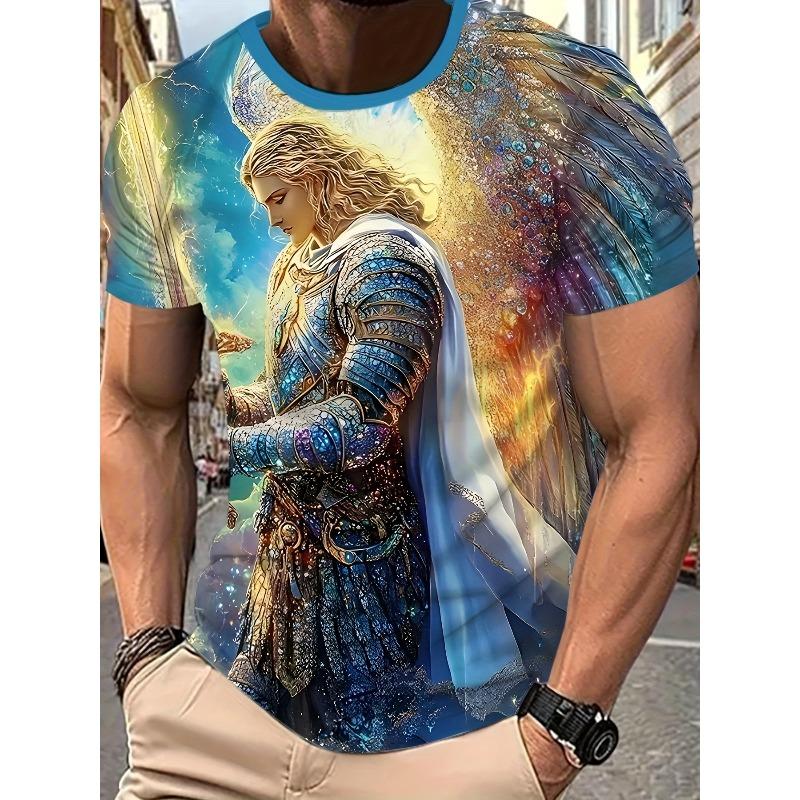 T-shirt da uomo con grafica 3d Guerriero Angelo Design Spada Dorata T-shirt Stampata in 3D Per Uomo Vestiti Ala Bordo Ornato Maglietta Unisex Top