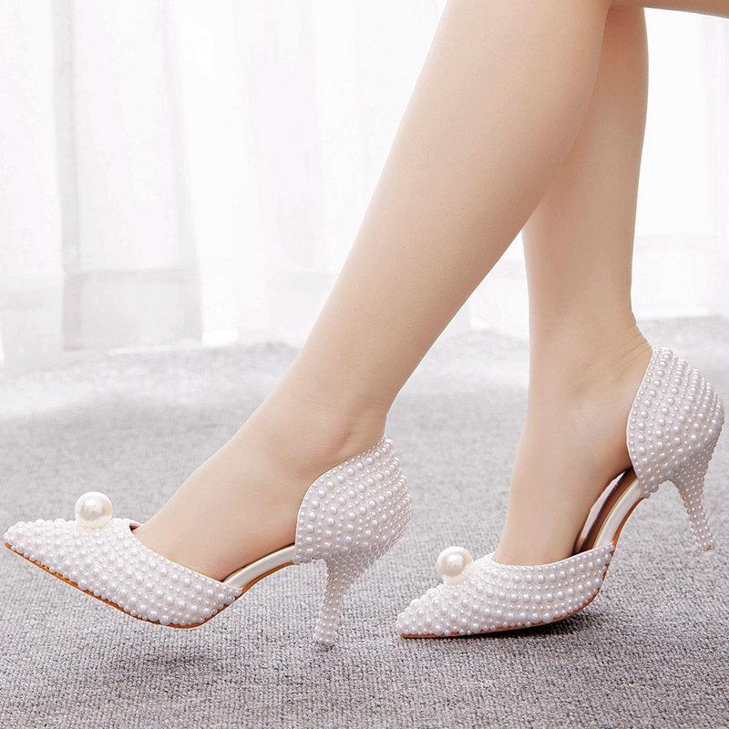 Fashion Pearl Shoes Pointy Side Side Air Pumps Stiletto Heels Over Feet High With Bridal Bridesmaids Wedding Shoes Single Shoes