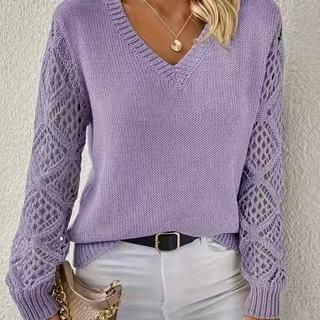 Maglione pullover a V a maniche lunghe lavorato a maglia traforato da donna autunno e inverno
