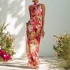 French Romantic Neck Flower Print Long Dress Sleeveless Off-the-shoulder Waist Thin Chiffon Holiday Dress