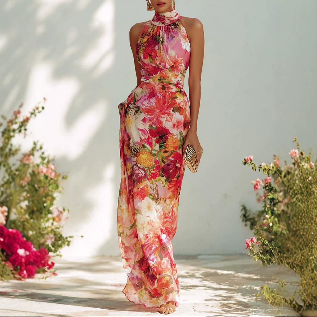 French Romantic Neck Flower Print Long Dress Sleeveless Off-the-shoulder Waist Thin Chiffon Holiday Dress