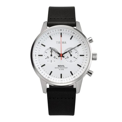 TRIWA Graphic Neville GRAPHIC NEVIL Two-Strap Chronograph Watch for Men and Women (Unisex) with Black Calfskin Canvas Strap, White Dial, Made in Japan