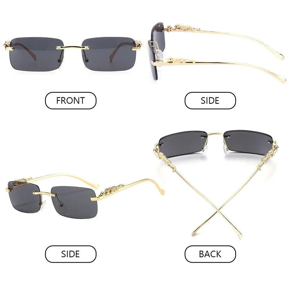 Rimless Rectangle Sunglasses Retro Clear Ocean Lens Sun Glasses Cheetah Decoration Shades UV400 Eyewear for Women Men