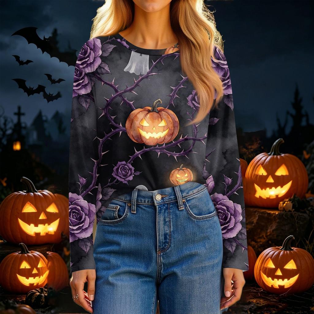 Women's Long Sleeve Halloween Print Neck Casual Top for Fall Festivities