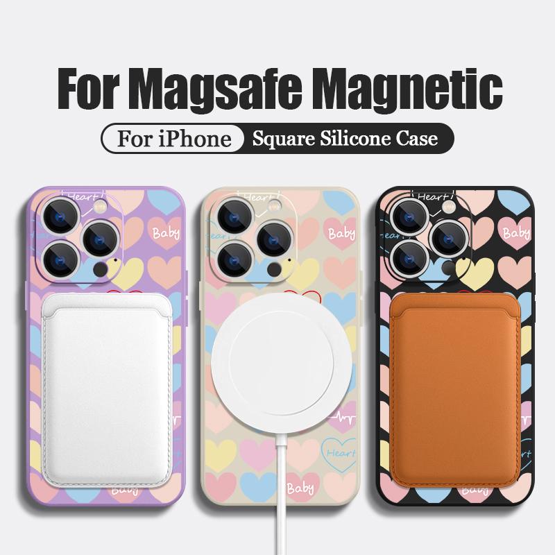 Magnetic For Magsafe Love Heart Case For iPhone 15 Pro Max 11 12 13 14 16 Pro Max 16E 17 Air Built-in Metal Plate Lanyard Cover