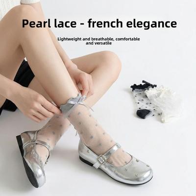 Atmungsaktive Polka-Dot-Fliege für Frühling und Sommer, Lolita-Strümpfe, Süße akademische Mittelschaft-Strümpfe, Transparente Spitzen-Strümpfe