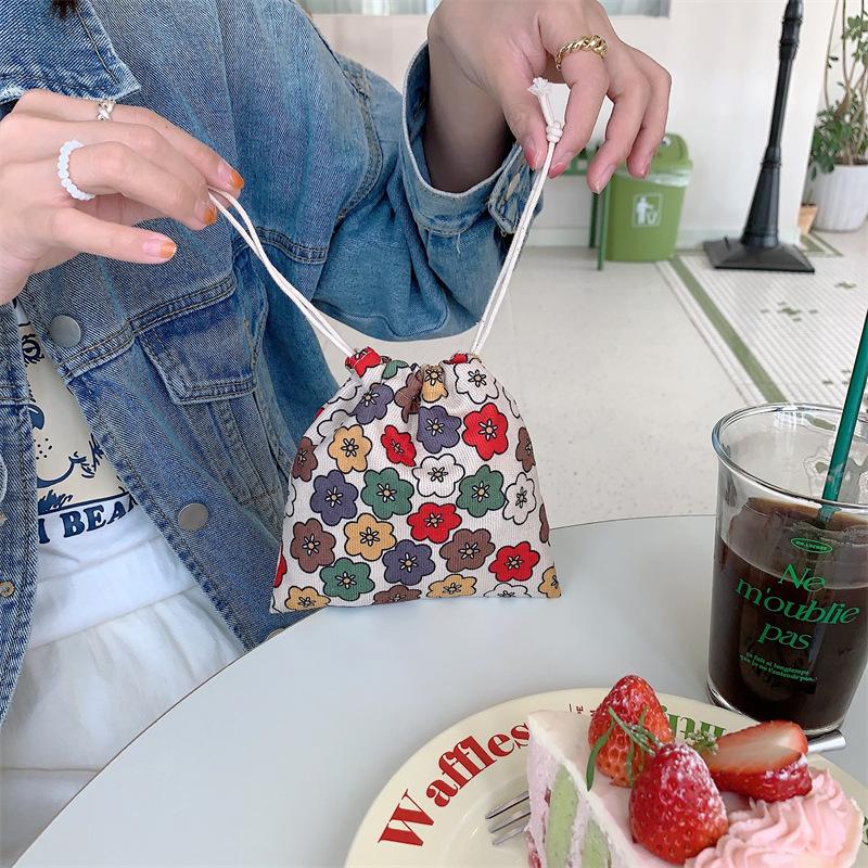 Cute Floral Corduroy Small Coin Purse Drawstring Bag Handbags Woman Jewelry Lipstick Cosmetic Tote Rope Storage Pouch String Bag